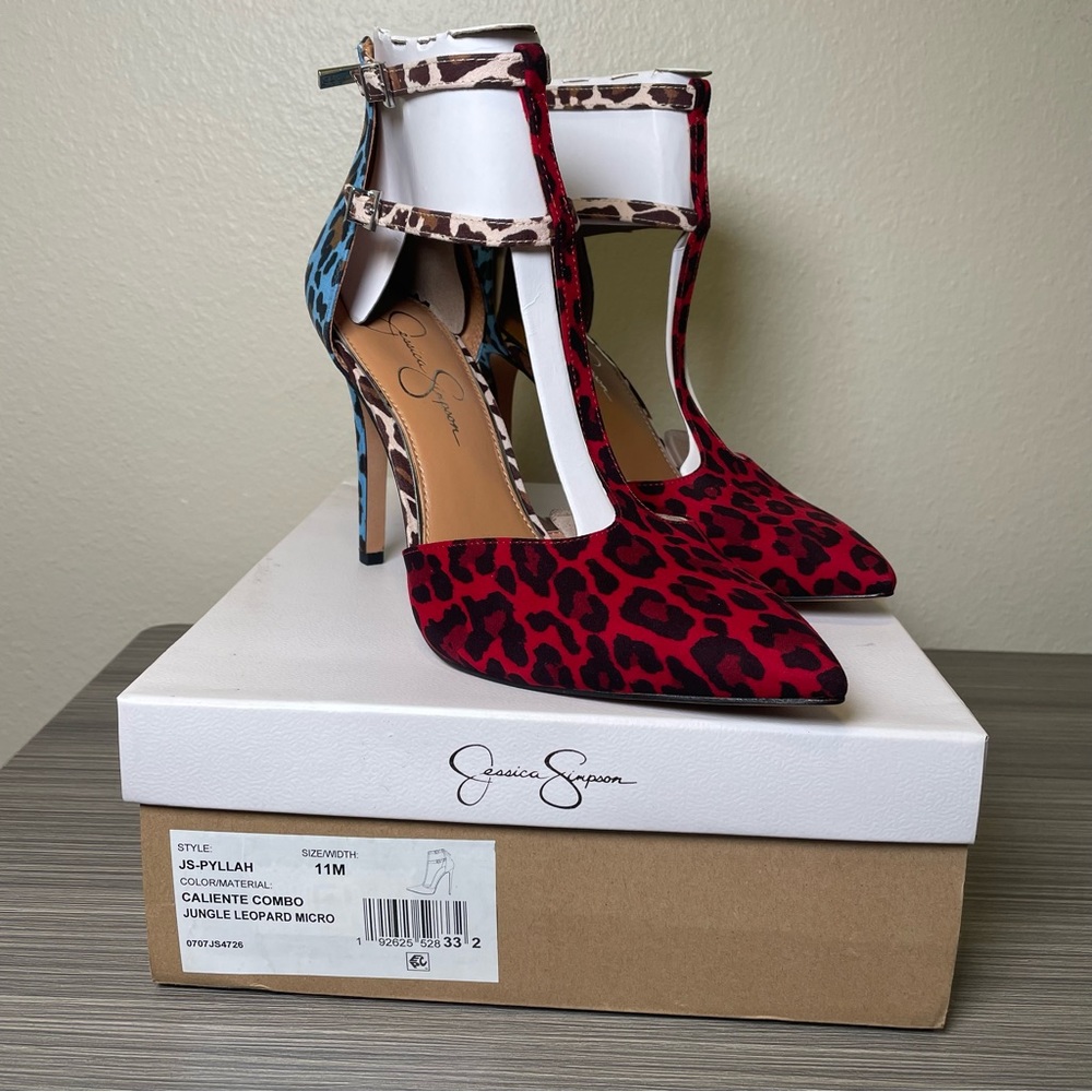 Jessica Simpson Pyllah Tri Color Leopard Heels Size 11 T Strap Pumps new in box